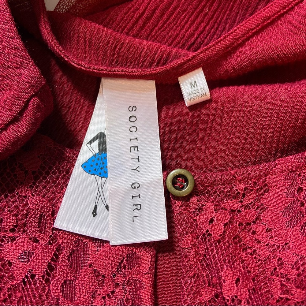 3/$12 Society Girl Burgundy Bell Sleeve Crinkle Sheer Mesh Panels Keyhole Medium - Picture 9 of 10